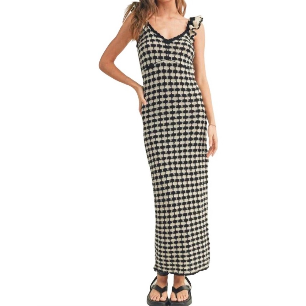 Miou Muse Crochet Knit Maxi Dress Ruffle Straps Retro Black Cream Honeycomb Boho - Picture 12 of 13